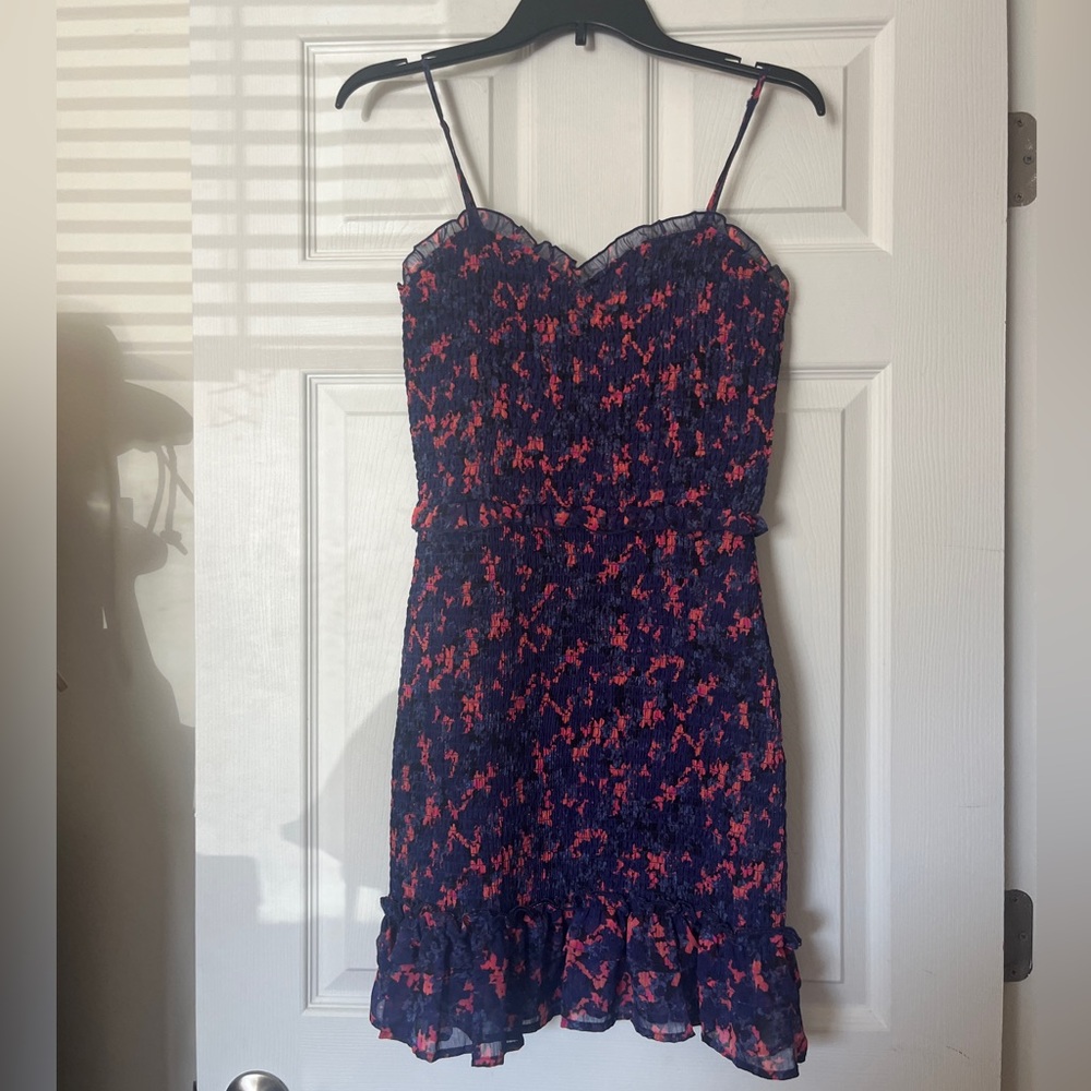 AQUA Smocked Floral Mini Dress M Dark Blue Pink Ruffle Hem Chiffon Strappy